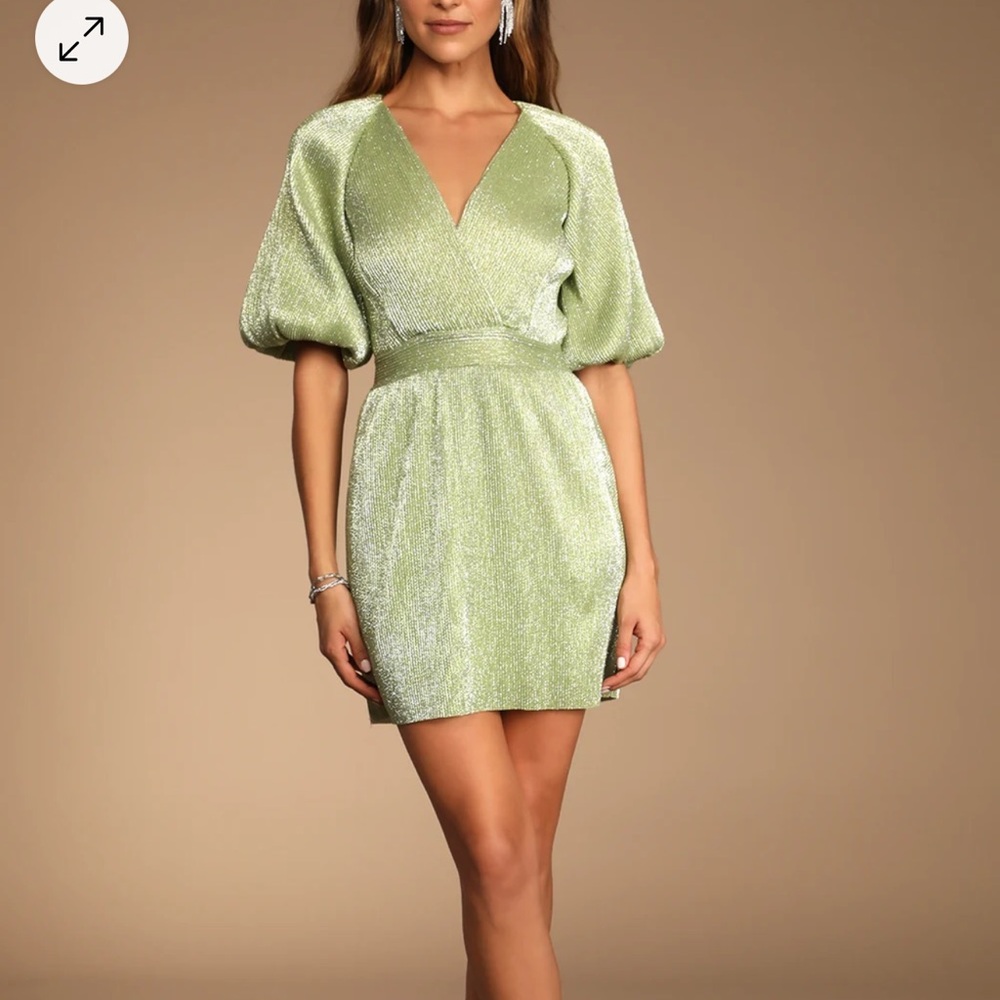 Lulus Ethereal Angel Light Green Glitter Puff Sleeve Mini Dress Small NWT